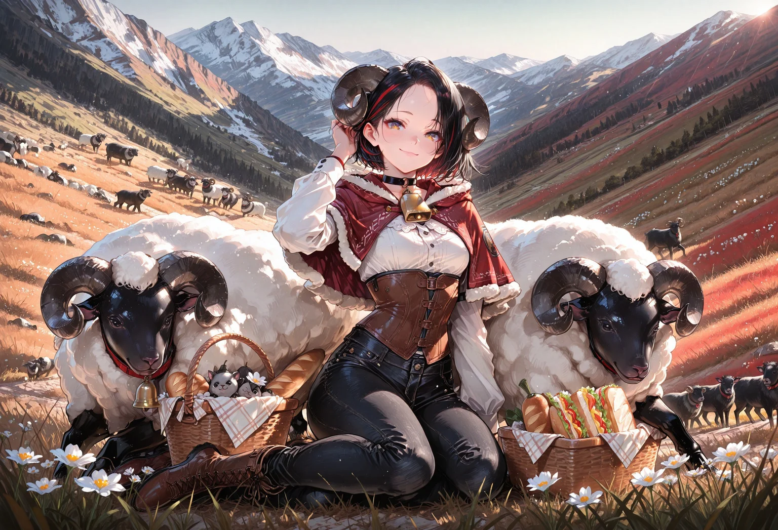 1rregular_b0, hyperdetailed_bg, (realistic_bg:1.2, su22eal_bg:1.2), (full_bg:1.1), (outdoors, grass, hill, rock, small flower, too_many_sheep, mountain, depth of field), (detailed background),
(1girl, solo, on_ground, legs together, yokozuwari, holding, basket, sandwich, cloth, look at viewer, smiling, adjusting hair), ((modernstyle:1.2), sheep_horns, curled horn, sheep_ears, fur_trimmed white_capelet, brown leather corset, white shirt, black denim_pants, brown boots, bell_choker), ((great anatomy, correct anatomy, akariL, wide forehead, short hair, black hair,red_streaked_hair, greenish_grey_pupils, red_iris, small breasts)),
(very_wide_shot, full body),
((best quality, absurdres, amazing quality, HD, intricate, ultra-detailed, newest, visual impact, very aesthetic, high contrast, eye_focus)), 4K, detailed facial features, detailed clothing features, detailed texture