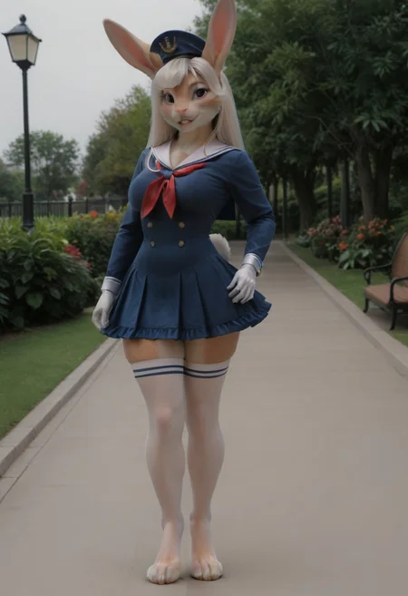 A 35mm photo of a beautiful 20 year old woman with long silver hair with red streaks, she is a anthropomorphic rabbit, medium perky boobs,  she is an athletic curvy woman, she is walking in the park, she is an anthropomorphic rabbit, rabbit nose, rabbit teeth, rabbit tail, rabbit legs, rabbit  fur, digitigrade, feminine thighs, curvy hips, pert ass, perky breasts, she is wearing a red spandex minidress and tan footless pantyhose
Jed-Salr, Navy Blue Mini Dress, White Trim,  White Sailor Collar,  Nautical Stripes,  White Thigh-High Stockings, Sailor Hat,  White Gloves, Sailor Cuffs, White Petticoat