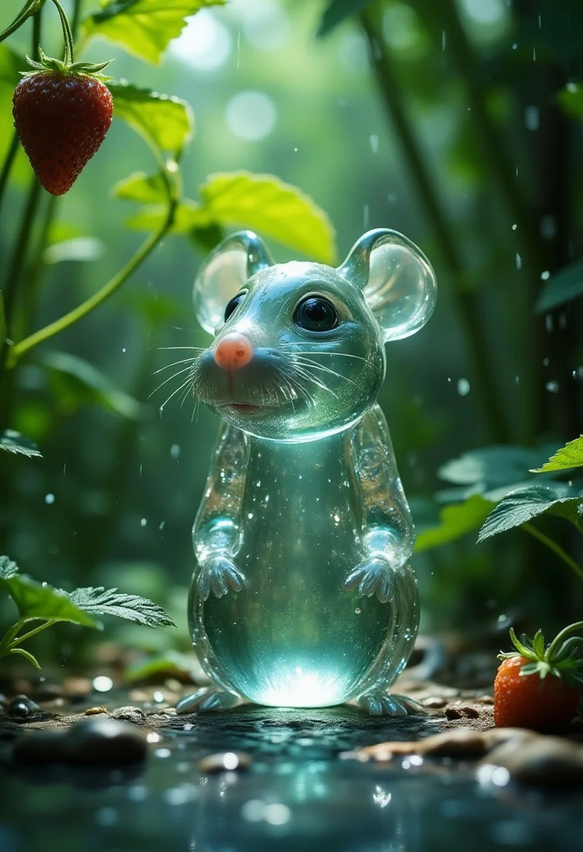 Cinematic style, realism, cinematic quality,
"A transparent liquid gel-like mouse, a colorless liquid body, with a smooth, fluid texture, reflecting soft reflections of light, which slowly changes its shape, like a drop of water, under a leaf, standing under a strawberry, a rainy day."