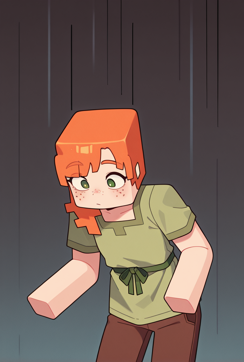 <lora:alexmc-05:1> alexmc, orange hair, 1girl, solo, green eyes, long green shirt, brown pants, short sleeves, freckles, square arms, square body, green waist ribbon, cynamic pose,, masterpiece, best quality, amazing quality, very aesthetic, absurdres, newest,