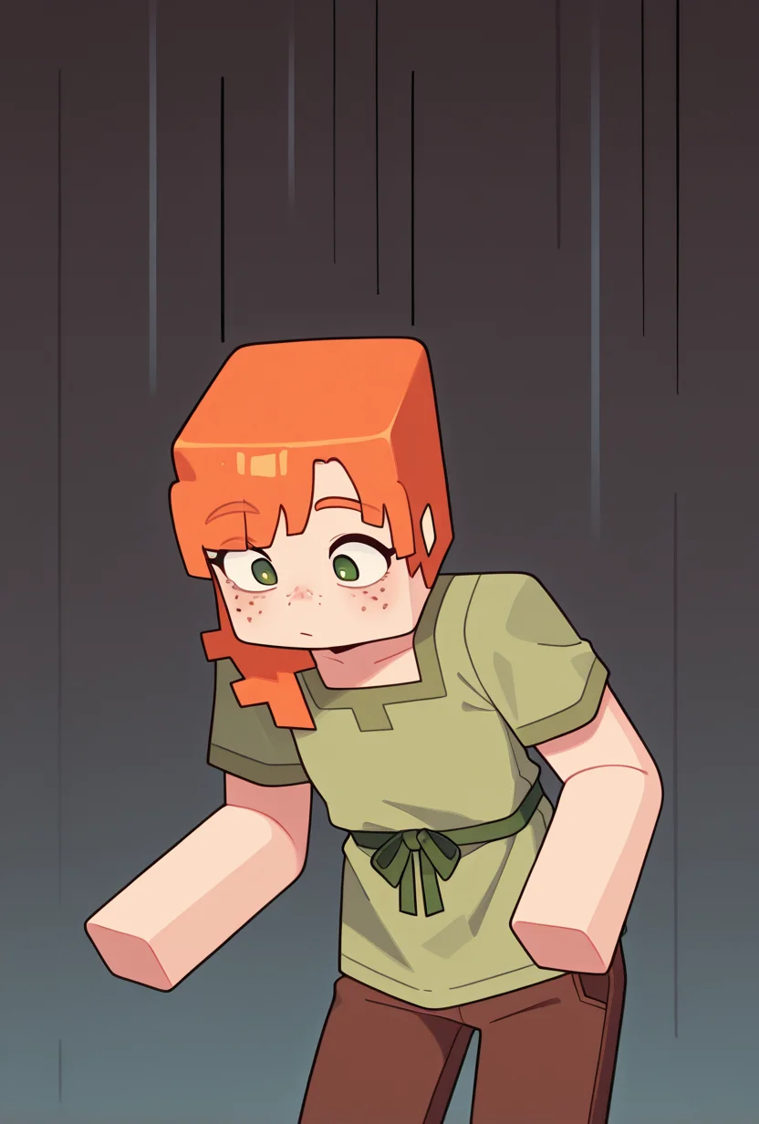 <lora:alexmc-05:1> alexmc, orange hair, 1girl, solo, green eyes, long green shirt, brown pants, short sleeves, freckles, square arms, square body, green waist ribbon, cynamic pose,, masterpiece, best quality, amazing quality, very aesthetic, absurdres, newest,