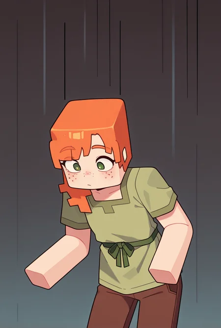 <lora:alexmc-05:1> alexmc, orange hair, 1girl, solo, green eyes, long green shirt, brown pants, short sleeves, freckles, square arms, square body, green waist ribbon, cynamic pose,, masterpiece, best quality, amazing quality, very aesthetic, absurdres, newest,
