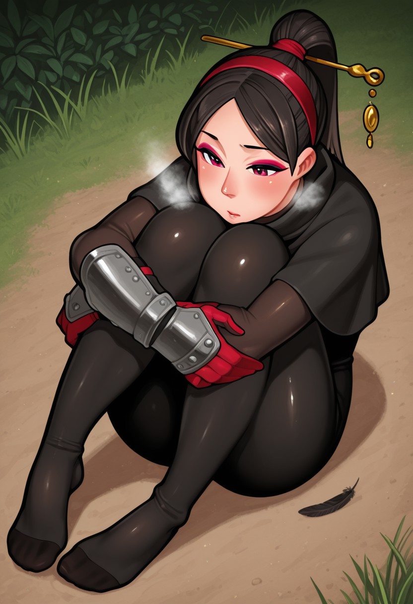 cupiko,  outdoors, undershirt, falling feathers, black bodysuit, hair stick, hugging own legs, , gauntlets,   eyeshadow,   red gloves,  high ponytail,  , black capelet, red hairband, pink eyes, 1girl, solo, feet, visible breath,   dynamic angle, foreshortening, smell, steam,