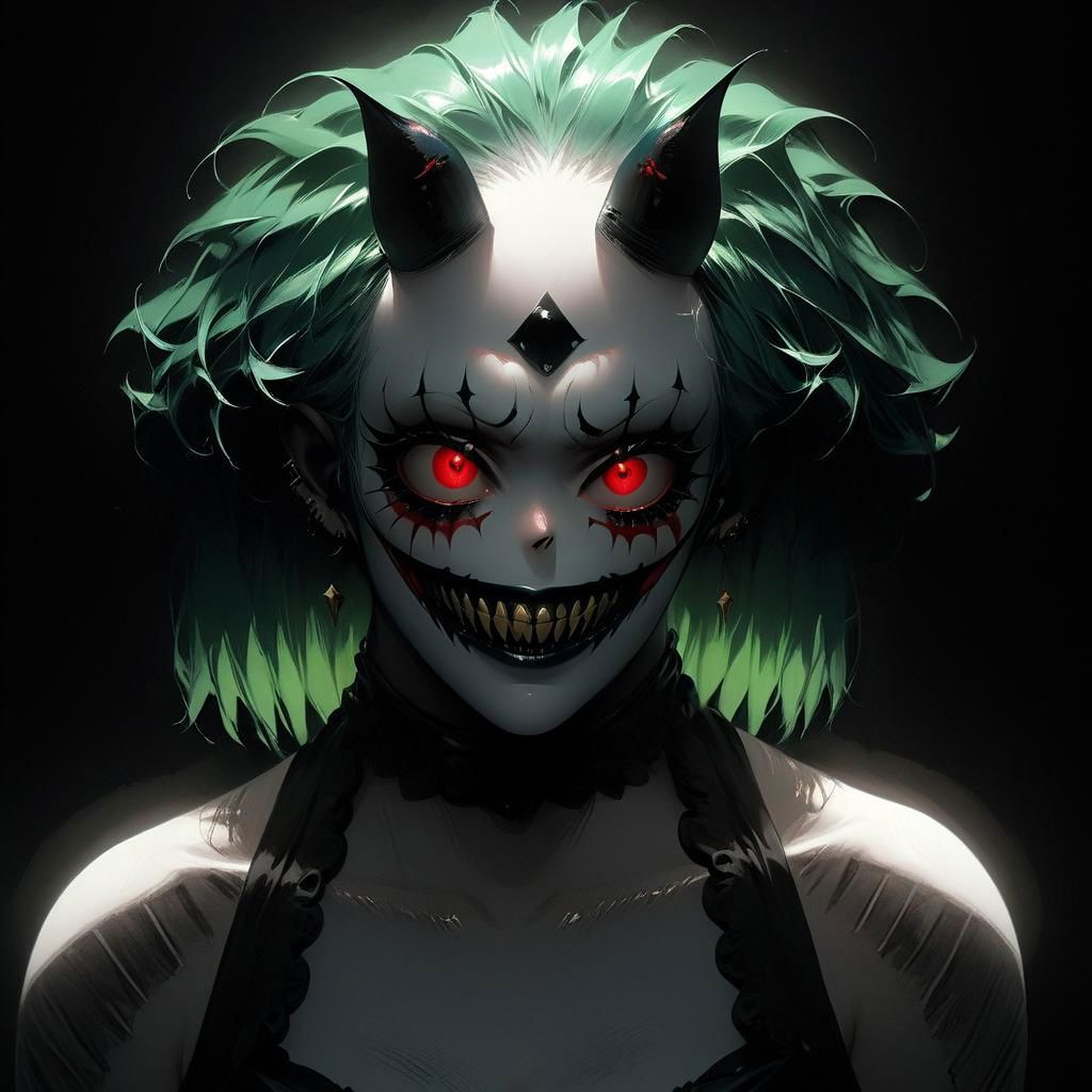 Clown demon, grotesque, horrifying, eerie, intricate, dark circus aesthetic, scarypunk, horrorcore, demoncore, masterpiece, anime style, spine chilling, hyperdetailed, photorealistic, dynamic lighting, inspired by pinterest art and nijijourney, niji style, best quality