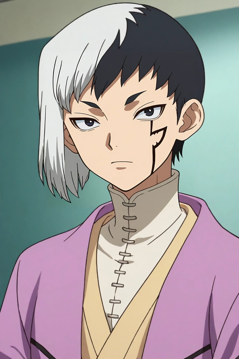 score_9, score_8_up, score_7_up, , rating_safe, intricate details, anime screencap, , , looking at viewer, depth of field, 1boy, solo, male focus, <lora:gen_asagiri_pony:0.74>, gen_asagiri, black hair, black eyes, short hair, two-tone hair, multicolored hair, split-color hair, white hair, facial mark, , , <lora:sdxl_lightning_8step_lora:1>