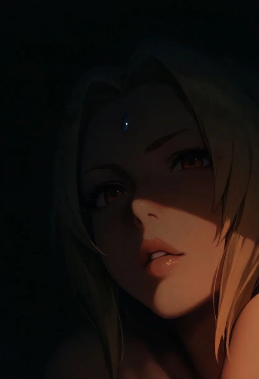 1girl, Tsunade, solo, dark, light, masterpiece, best quality, very aesthetic, close up, blonde hair, parted lips