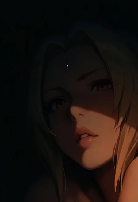 1girl, Tsunade, solo, dark, light, masterpiece, best quality, very aesthetic, close up, blonde hair, parted lips