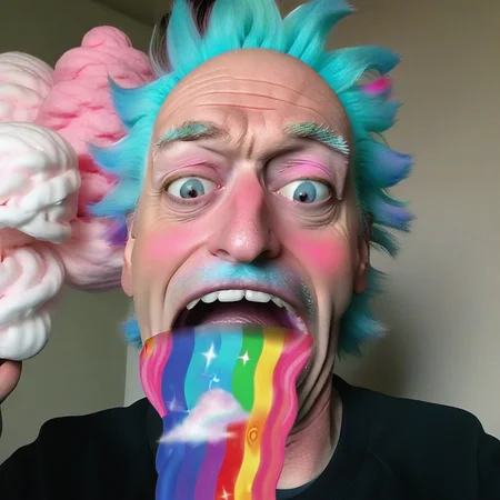 real ukj style selfie of rick sanchez, large open mouth, cotton candy rainbow stream <lora:rainow_sdxl_ukjstyle_v111602-000003:1>