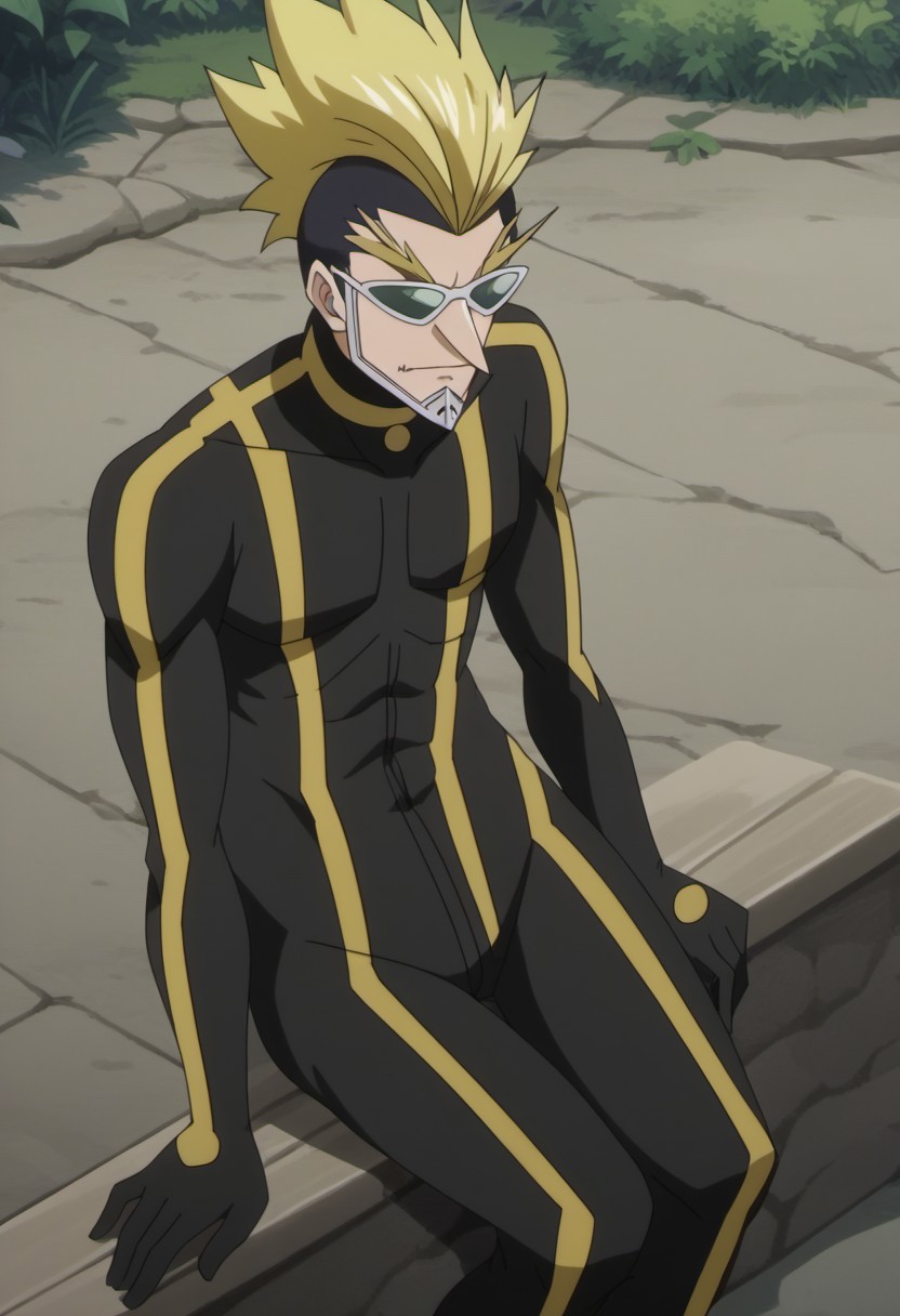 score_9, score_8_up, score_7_up, source_anime, rating_safe, SawyerFT, blonde Sawyeru hair, green Sawyeru sunglasses, Sawyeru jaw armor, 1boy, male focus, anime screencap, black-yellow Sawyer bodysuit, cropped feet, sitting,