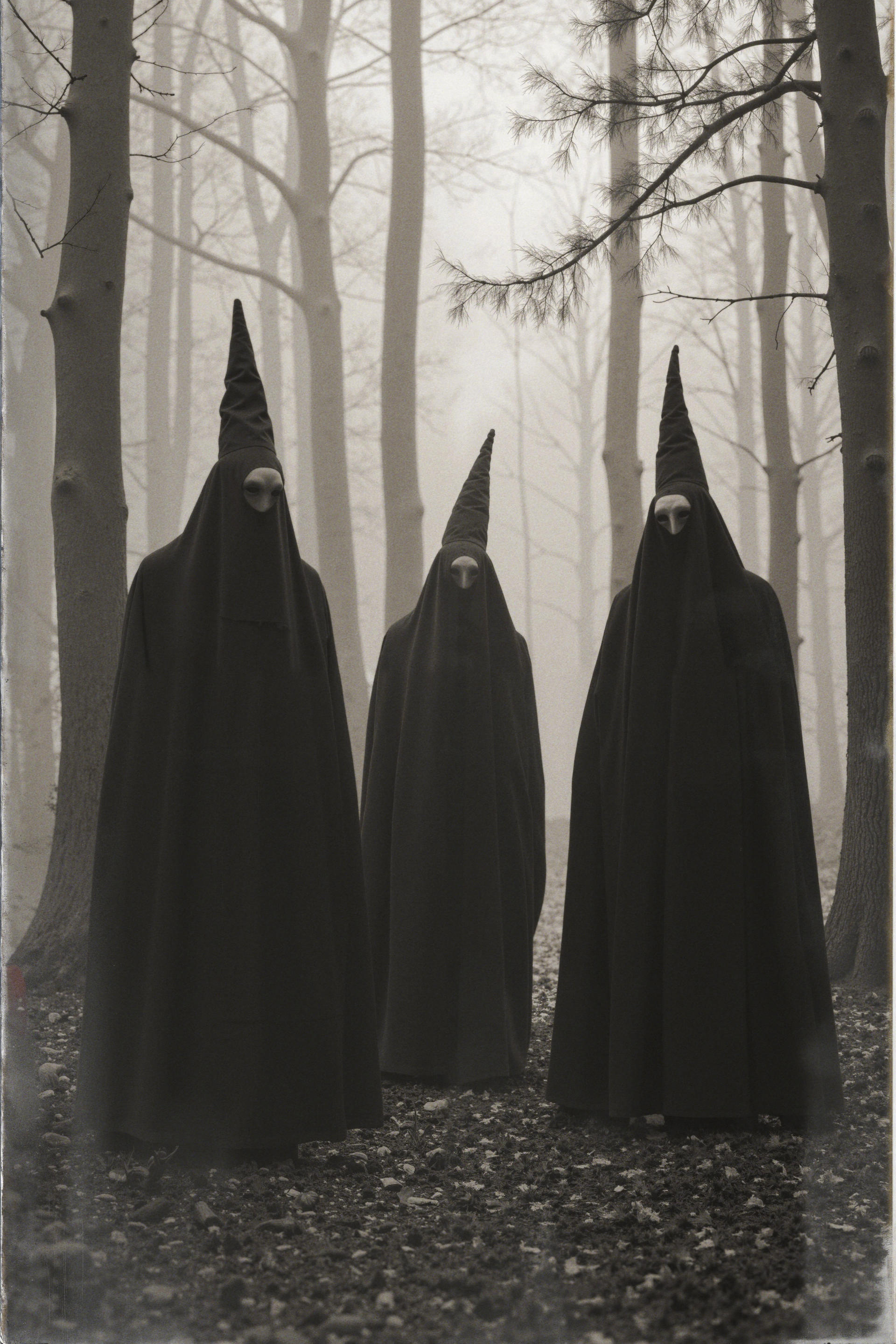 Old Postcard,A sepia-toned photograph of three mysterious figures standing in a foggy forest. Each wears a long, dark robe and tall, pointed hood that obscures most of their faces, creating an unsettling, ritualistic appearance. The forest surrounding them is dense with tall, bare trees, and the mist in the background adds an eerie, otherworldly atmosphere. Their still, silent posture, combined with the faded and worn texture of the photograph, evokes a sense of foreboding, as if capturing a secret gathering from a long-forgotten cult. The overall feel is dark, mysterious, and steeped in the supernatural.

