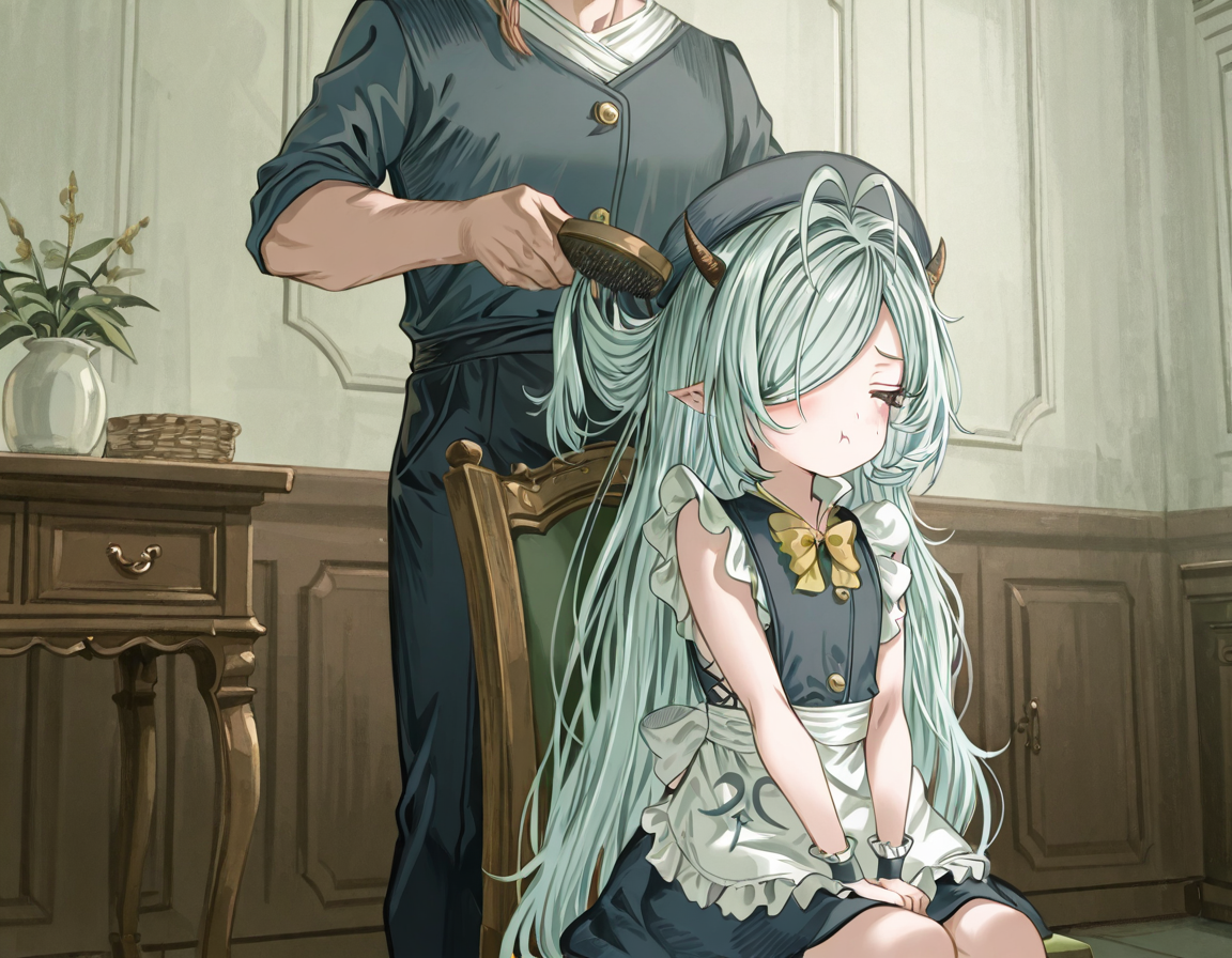 masterpiece, amazing quality, high resolution, 4ldehyde, aged down, flat chest, 1 girl,C0ni4, very long hair, green hair, double ahoge, hair over one eye, pointy horns, , sleeveless maid uniform, 1 man, V41n, 1 man, tattoo under eye, crest tattoo, braid, hat, aristocrat uniform, girl sitting, chair, man standing behind girl, grabbed from behind, hair grab, hair brush, brushing girl's hair, girl pouty expression, cheek puffed