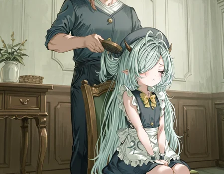 masterpiece, amazing quality, high resolution, 4ldehyde, aged down, flat chest, 1 girl,C0ni4, very long hair, green hair, double ahoge, hair over one eye, pointy horns, , sleeveless maid uniform, 1 man, V41n, 1 man, tattoo under eye, crest tattoo, braid, hat, aristocrat uniform, girl sitting, chair, man standing behind girl, grabbed from behind, hair grab, hair brush, brushing girl's hair, girl pouty expression, cheek puffed