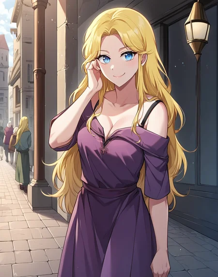arua_stgb, blonde hair, long hair, blue eyes, loose hair,manhwa, purple dress, small breasts, off shoulder, cleavage BREAK outdoors, city street, medieval, starry night BREAK looking at viewer, sexy face, sexy smile, cowboy shot, BREAK score_9, score_8_up, score_7_up, source_anime ,zPDXL, perfect hand, <lora:Arua_STGB-000021:0.8>,