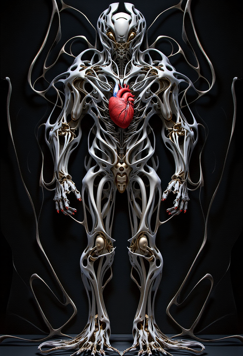 intricate yfg-patt3rn of, The image is a concept art piece that appears to be highly detailed and sharp. It showcases a humanoid figure made of intricate mechanical parts with a prominent heart visible in the center. The figure seems to be made of metal and wires with various tubes and components intertwined. The background is dark putting emphasis on the figure. The medium appears to resemble a digital painting or a highly detailed illustration rather than a photograph or traditional art forms.