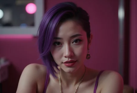 "Grand Theft Auto: San Andreas" (the videogame) style.
Portrait of a very feminine and seductive Japanese-Vietnamese 28yo woman.
In "Los Santos" aesthetic.
Short hair, purple hair, side-shaved hair.
Big round earrings.
Seductive eyesight.
Lips sensually parted.
Blushing.
Subtle smiling.
Stares the viewer.
Heavy smokey makeup and lined glossy lipstick.
By "Simon Stalenhag".
Life-like details.
Cinematic.
Dramatic.
Dynamic.
Extremely refined lines and and shapes.
Extremely refined details on objects.
Sharp details.
Wide range of colors.
Many details everywhere. Ray-Tracing. Anti-Aliasing. Realistic soft shadows. Low saturation colors. Insane quality. Insane resolution. Insane details. Masterpiece. 32k resolution.