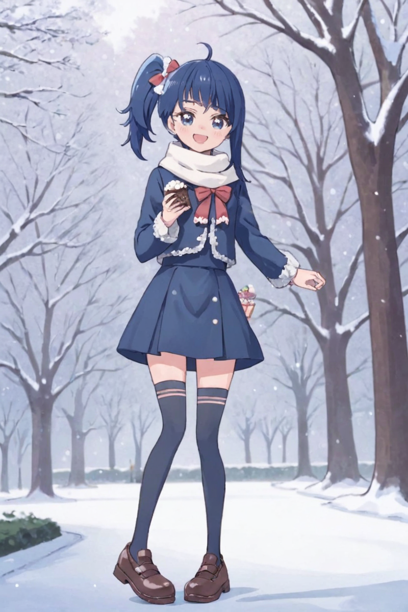 extremely detailed background, 1girl, solo, Sora Harewataru, jiraikei dress, miniskirt, scarf, mary jane shoes, lace-trimed thighhigh, standing , park, winter, snowing, smile, hair bow, handing chocolate, pov, blush, dark blue hair, <lora:Sora Harewataru XL V1-000008:0.6>