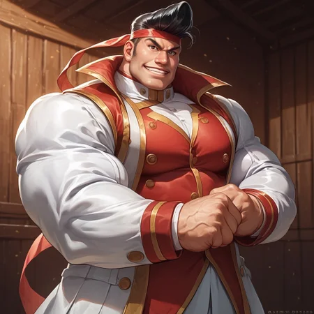 safe_pos, safe_pos, source_anime, detailed background, (score_9, score_8_up, score_7_up), zoroj, masterpiece, best quality, high quality, ultra detailed, highly detailed, high detail, artistic lighting, (highly detailed face, (perfect face, perfect eyes)), depth of field, perfect soft lighting, best shadows, perfect reflections, volumetric, detailed image, high resolution, defined faces, sharp definition,
solo, 1boy, male focus, Gong Strong, black hair, pompadour, sideburns, red headband, white jacket with long sleeves, buttoned white coat with gold trim, white pants, short red vest with gold trim, high collar, ((silver geta)), musclebears, muscular male, bara, veiny muscles, large male,
jptradhut, indoors, dynamic poses, various poses, cowboy shot, standing, looking at viewer, smile, grin,