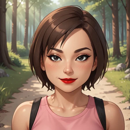 score_9, score_8, BREAK, solo, mii, wii u, wii sports club, 1girl, female mii, cute, brown hair, short ponytail, black eyes, makeup, blush, black purple eyeshadow, red lips, lipstick, pink clothing, white pants, sandals, breasts, Se-Young_(\Wii_Sports_Club\), Nintendo Mii, modern_mii, classic_mii, sexy pose, self portrait, smile, outdoors, sunlight, shadows, evening lighting, natural lighting, forest, trees, grass, orange sky, sunset