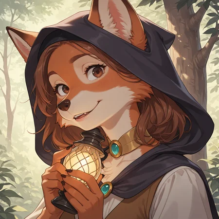 (8k, RAW photo, best quality, masterpiece:1.2), (photorealistic:1.2), ((best quality)), ultra high res, extremely detailed, cinematic lighting.
(MarianC:1.05), female, (fox ears), (fox girl), highly detailed brown fur, Highly detailed fur, (highly detailed perfectly-drawn brown eyes:1.25), flat shaded.
A female fox stands alone in a forest clearing, surrounded by towering trees. Her cloak is damp from the mist clinging to the ground, and her wide eyes scan the darkness as unnatural whispers echo from the shadows. Clutching a flickering lantern in her paws, she turns slowly toward the faint sound of snapping twigs behind her.
Extreme Close-up, absurdres, dynamic lighting, extremely detailed, Hyperrealistic, exquisite detail, immersive atmosphere.