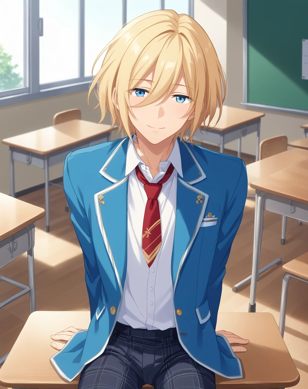 score_9, score_8_up, score_7_up, source_anime, anime screencap, depth of field, rating_safe, BREAK,
1boy, solo, yaoi, male focus, looking at viewer, cowboy shot, facing viewer,
<lora:tenshouin_eichi_pony:1> tenshouin_eichi_pony, blonde hair, blue eyes, medium hair, hair between eyes, bangs,
yumenosaki school uniform, blue jacket, white shirt, collared shirt, red necktie, black pants, plaid pants,
indoors, school, classroom, desk, sitting, arms at sides,
<lora:age_slider_v4:1.75>