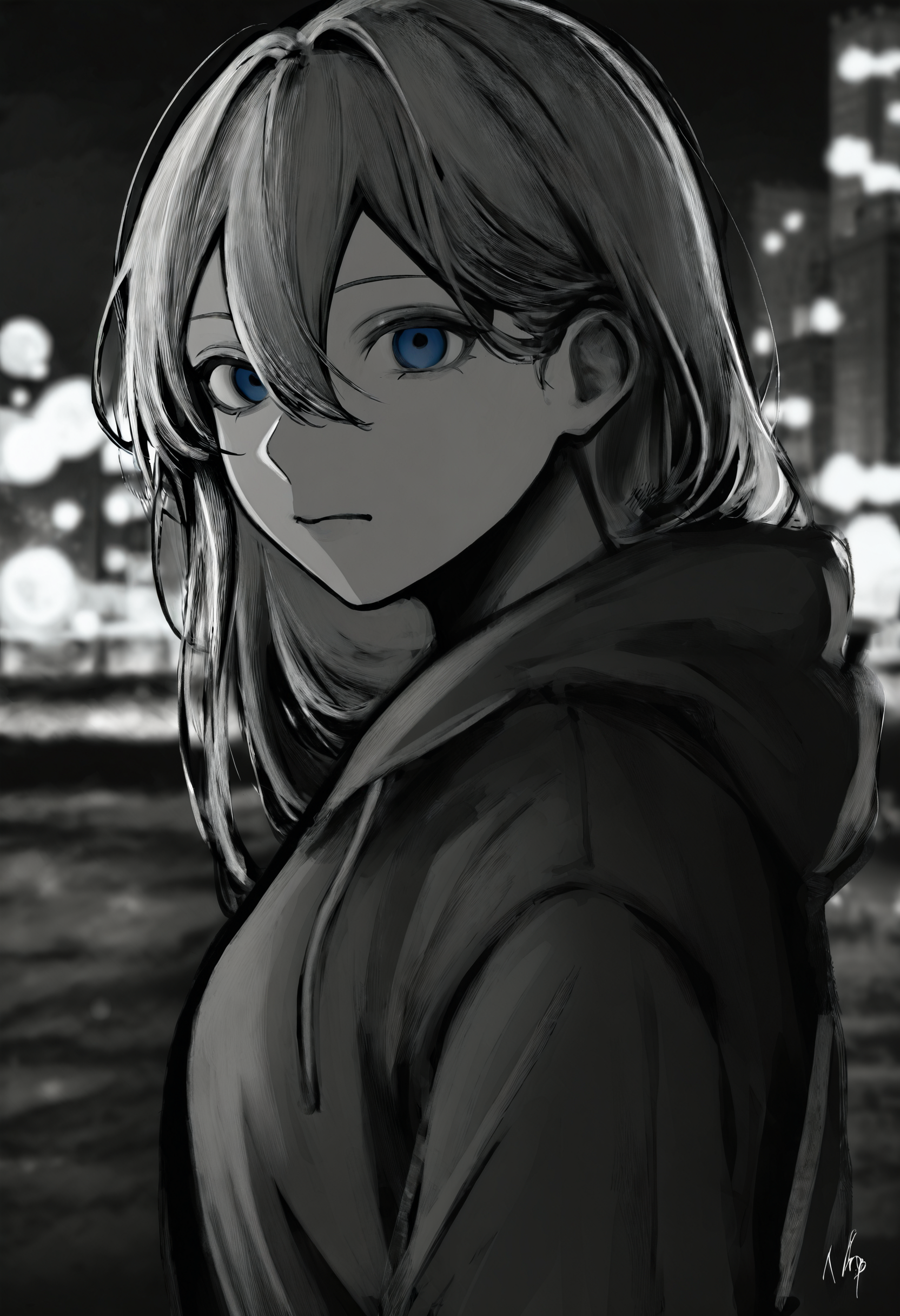 <lora:TnhocXQ=-noobaiXLNAIXL_epsilonPred_V110_V1-CAME>, Tnho, monochrome, greyscale, solo, long hair, hood, 1girl, looking at viewer, upper body, red hoodie, night, hoodie, closed mouth, blurry, hood down, blurry background, city lights, blonde hair, sky, from side, night sky, outdoors, blue eyes, signature, hair between eyes