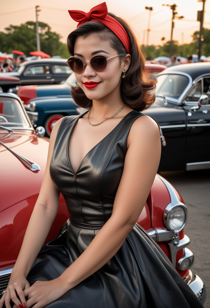 (medium full shot) of (chic rockabilly) young woman, petite build, long brown hime cut hair, thai, tan skin, light brown eyes, wearing a black fit and flare dress , leather pumps, red lipstick, wearing a headband cat-eye sunglasses, set in  a retro car show, with timeless vehicles, stylish attendees, classic music, elegant seating, and vintage decor, during sunset, woman smiling, ,Masterpiece,best quality, raw photo, realistic, very aesthetic