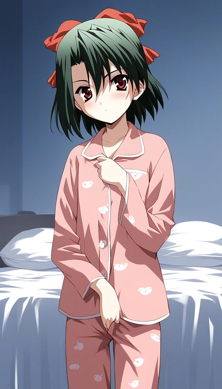 score_9, score_8_up, score_7_up, source_anime, rating_explicit, BREAK  <lora:Kiyoura_Setsuna_XL:1> Kiyoura_Setsuna, green hair, short hair, ribbon, red eyes, hair ribbon, flat chest,hair between eyes, bangs, short twintail,
pajamas, long pants, blush,
bed room,
looking at viewer, 
cowboy_Shot,