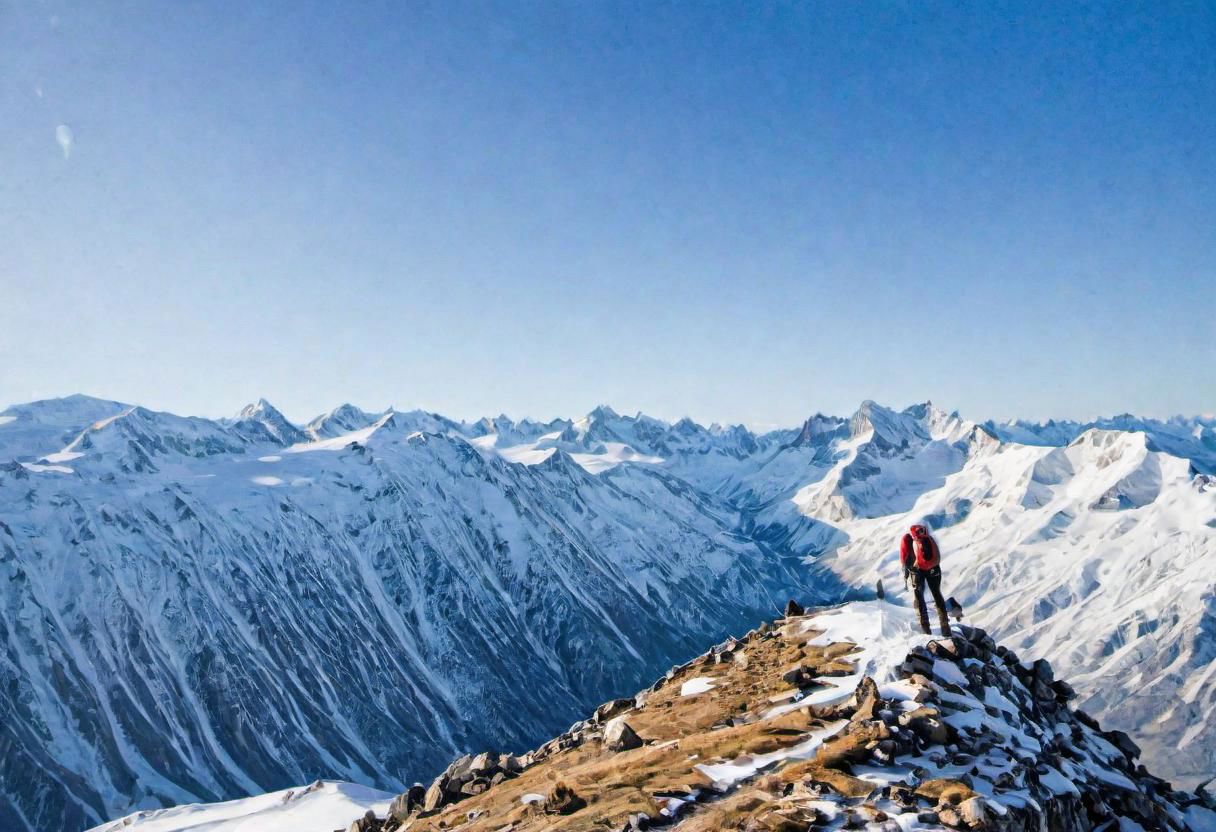 1_man, standing on a mountain peak, snow_covered_mountainBREAK, wearing a hiking backpack