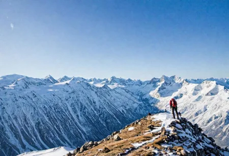 1_man, standing on a mountain peak, snow_covered_mountainBREAK, wearing a hiking backpack