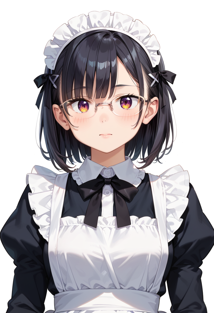 score_9, score_8_up, score_7_up, rating_safe, masterpiece, best quality, absurdres, unity 8k wallpaper, official art, official style, source_anime, uncensored, game cg, megami magazine,
1girl, solo, black hair, medium hair, upper body, covered eyes,maid, maid headdress, black dress, maid apron, face focus,
halfrim17s,  still life, white background, simple background, grey-framed eyewear,
 <lora:glasses_halfrim17S_PONY_V1:1>