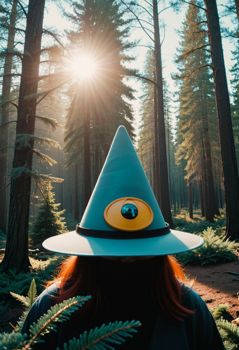 photograph, Epochal chubby Bauhaus Dash from The Incredibles surrounded by Spruces, Cyan Witch Hat, FOV 90 degrees, Horror, Sun Rays, film grain, Fuji superia 400, L USM <lora:RMSDXL_Enhance:2> <lora:RMSDXL_Darkness_Cinema:2>