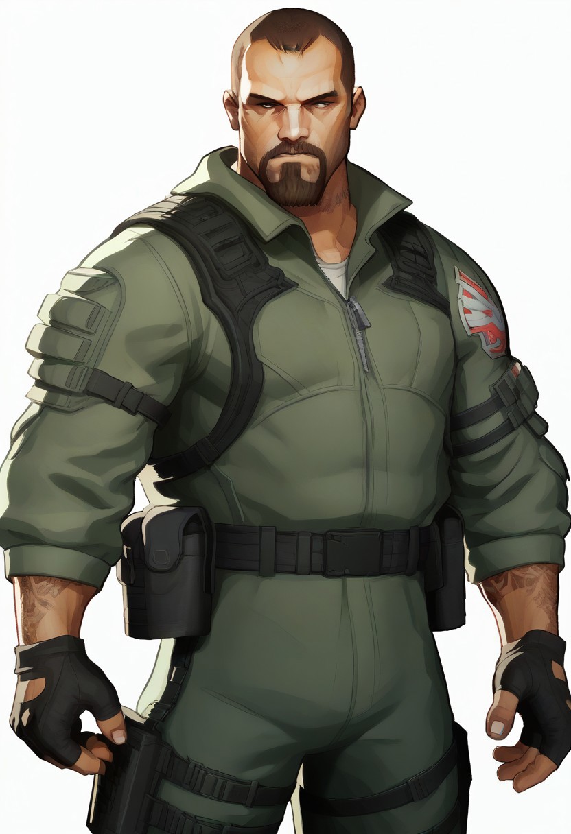 (((cel-shading))), (((solo focus))),
score_9, score_8_up, score_7_up, score_6_up, ((fighting stance)), looking at viewer, cowboy shot, cowboy shot, 
,(((MarvelRivals))), <lora:AMarvelRivals_style:0.85>, cartoon, aura, facing veiwer, 
FrancisL4D, source_game, male, solo male, human, broad shoulders, mature male, brown eyes, muscular male, athletic build, sleeve tattoos, shaved head, very short hair, very short brown hair, goatee, mustache, facial hair, stubble, scruffy, tough, rugged, manly
(dynamic angle), (((plain background, white background)), background out of focus, (((simple background))),
(((tactical gear))), (armor), mercenary, combat gear
(dynamic angle),
