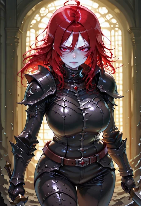 masterpiece, best quality, highres, absurdres, amazing quality, high resolution,
Red Eyes, Red Hair, pale skin, Black Medieval Armor, leather straps
curved blade, swinging sword, angry, hand raised up