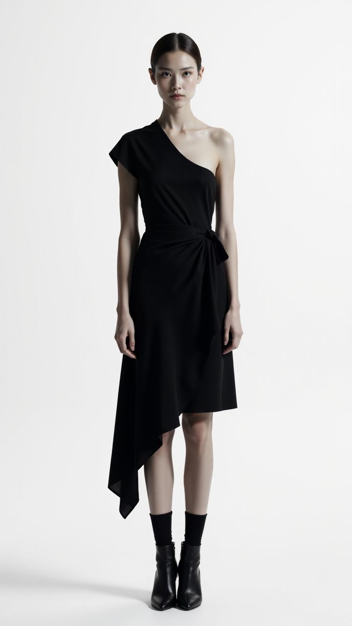 A minimalist fashion model in a monochrome, structured dress, standing against a stark white background, her outfit defined by its clean lines and simplicity. 
, <lora:SD1.5Woman:0.75> aidmaSD1.5woman,
 <lora:aidmaImageUpgrader:0.25> aidmaimageupgrader