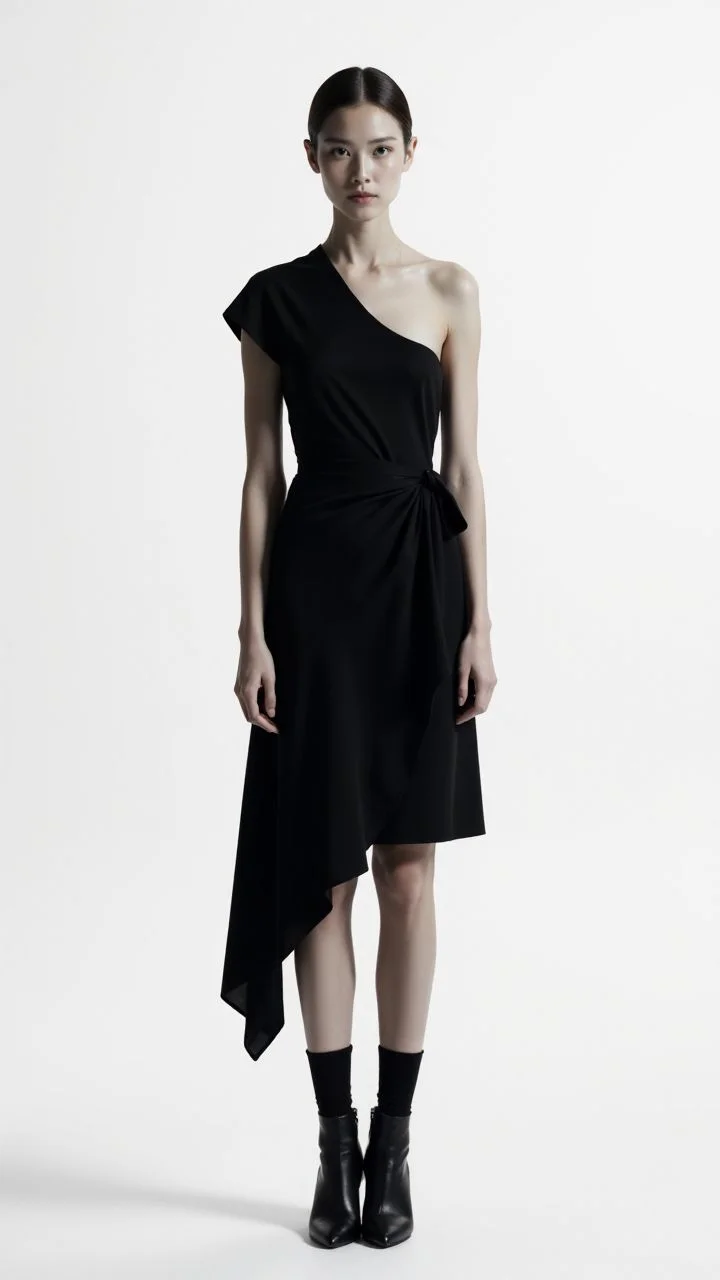 A minimalist fashion model in a monochrome, structured dress, standing against a stark white background, her outfit defined by its clean lines and simplicity. 
, <lora:SD1.5Woman:0.75> aidmaSD1.5woman,
 <lora:aidmaImageUpgrader:0.25> aidmaimageupgrader