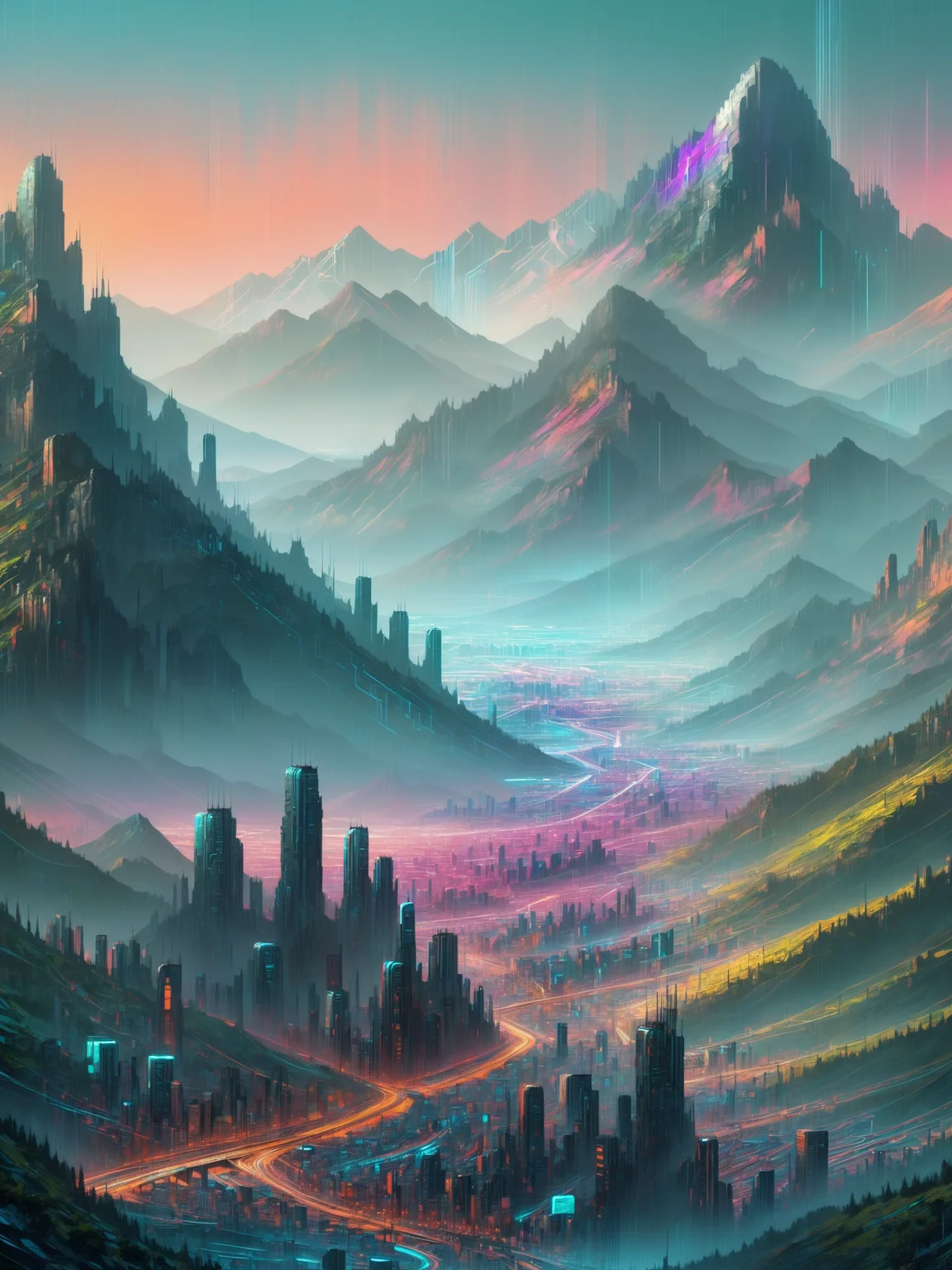cityscape, mountains, mad-cybrpnkimprss, natural color palette, cyberpunk, impressionism, (masterpiece:1.2), best quality, (hyperdetailed, highest detailed:1.2), high resolution textures