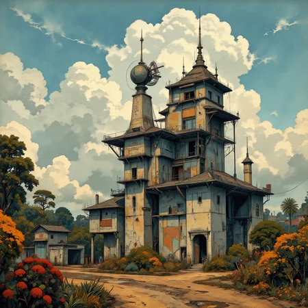 Frottage painting. Ground level wide angle view. futuristic theme. Full body. Old Malaysian diseased mysterious air elemental building a tower in a apocalyptic jungle setting. Intricate white and grey and bronze recursive details. Overall, the scene is arid and is very detailed. Dramatic lighting illuminates the scene from below. <lora:Charcoal01d_CE_FLUX_AIT:0.6> <lora:Paper_Marbling_Flux:0.5> <lora:아름답고_우아한_r1:0.6> <lora:midjourney_whisper_chromaplex_v1:0.6>