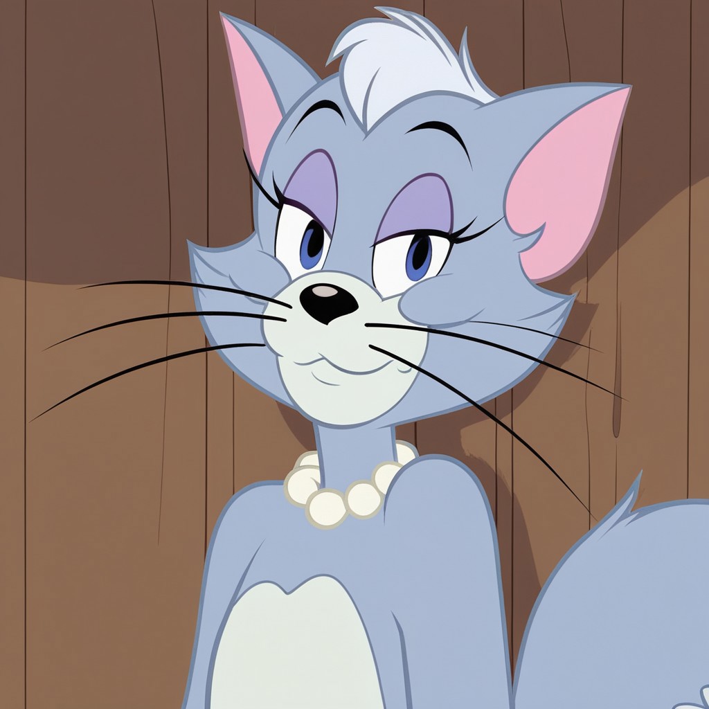 score_9, score_8, score_7, EdnaTJ, furry, pearl necklace, cat, solo, furry, cat, furry female, whiskers, tail, cat ears, upper body, looking at viewer, closed mouth
