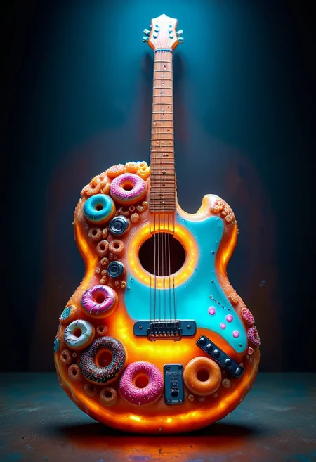 d0nu71f13d, An epic photo of a doughnut-shaped guitar made of doughnuts, neon color, cyberpunk, masterpiece, best quality, highly detailed, sharp focus, dynamic lighting, flux-style, mobe-cybideen
