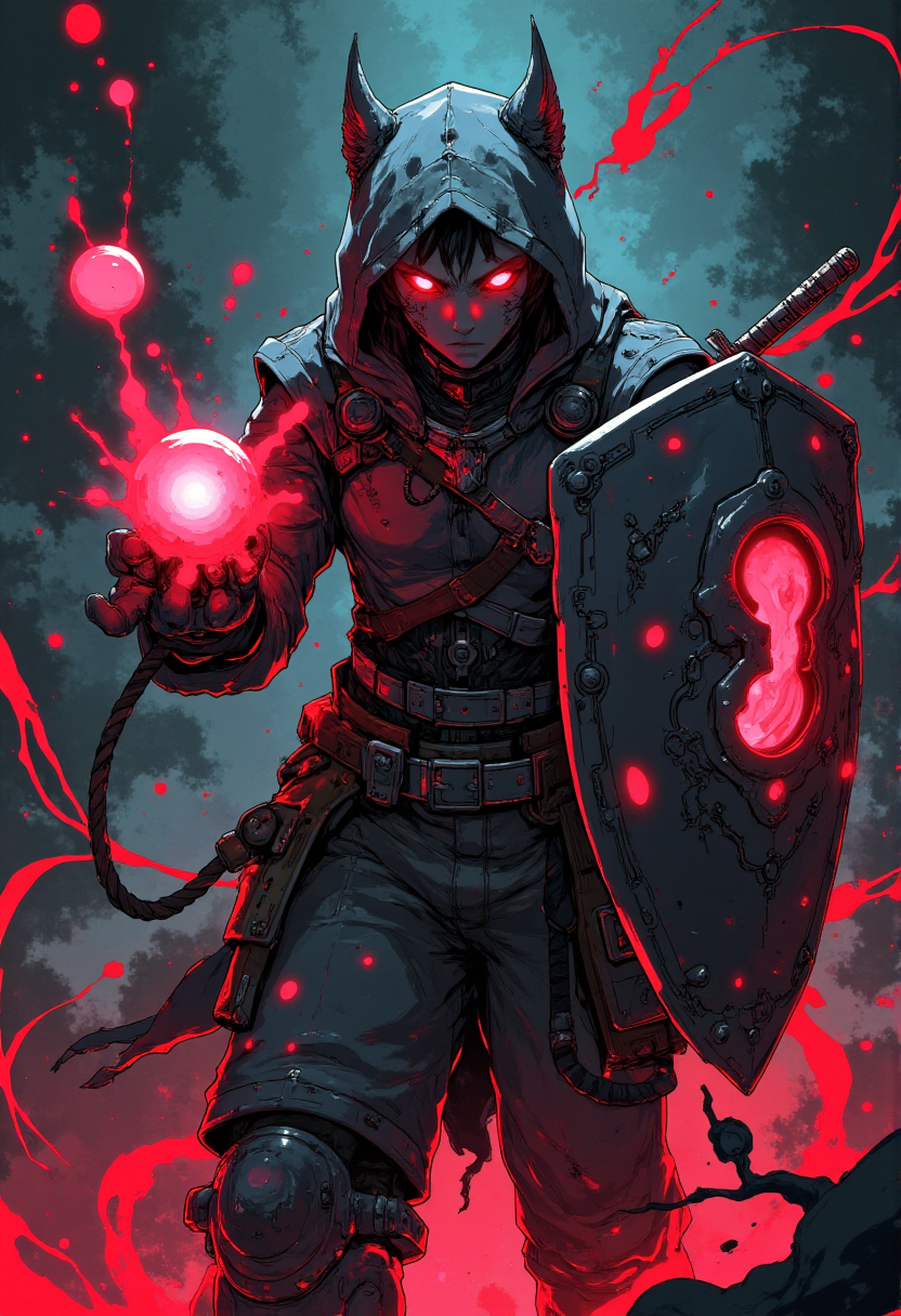 a dynamic and intense 3d cgi render featuring A mysterious Dungeon warrior with red face, holding a magic orb in one hand and a shield made from a wolf's head in the other. The magic orbs burst out abstract splashes of swirling magic energy. He is dressed in bright armor with scales and vibrant accents, ready for battle with an intensive stance. In the style of hauntingly atmospheric dark fantasy, abstract splashes of vibrant colors.<lora:Let_It_Blaze_in_Crimson_anime_v1.0:0.8>
