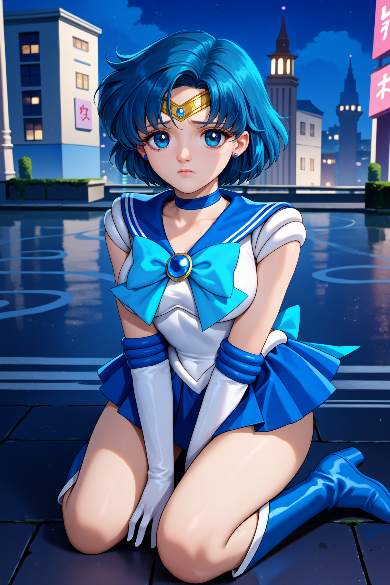score_9, score_8_up, score_7_up, score_6_up, source_anime, 1girl, solo, <lora:sailormercury-pdxl-nvwls-v1-000005:1> slrmc, blue hair, short hair, blue eyes, circlet, earrings, blue choker, brooch, white shirt, sleeveless, blue sailor collar, light blue bowtie, white leotard, elbow gloves, white gloves, blue skirt, blue boots, magical girl, kneeling, sad, looking at you, night, city
