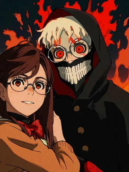 score_9, score_8_up, score_7_up, turbogranny okarun, a dark and mysterious scene featuring two figures in a dark, shadowy environment, 1girl, long hair, looking at viewer, smile, multiple girls, brown hair, 1boy, red eyes, upper body, male focus, glasses, colored skin, glowing eyes, black hood, volumetric lighting   <lora:dandadan_pony_v1-1:0.9>