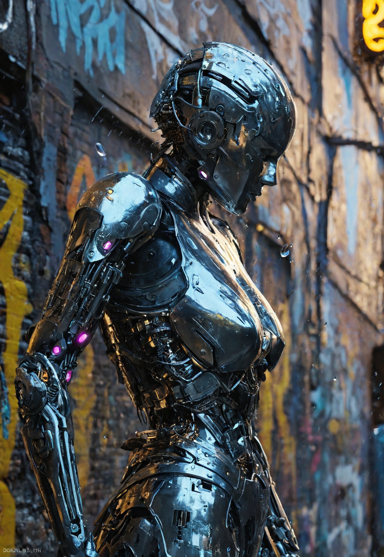 (Soft Lighting Photography by Mimoza Veliu and Mario Giacomelli:1.2), SFW, (masterpiece:1.2), (Photo of a cinematic shot of a weathered female cyborg, their back pressed against a graffiti-covered wall in a neon-soaked alleyway, Raindrops trickle down their metallic face reflecting the kaleidoscope of colors from flickering signs, Harsh shadows and bursts of light highlighting the intricate circuitry and worn details, metal and grime:1.1), (art by Don Bluth:1.4), (hyperdetailed:1.1), (intricate details:1.0), (Refined details:1.1), (best quality:1.1), (high resolution:1.2), <lora:TWbabeXL01:0.4>
 (8k uhd:1,4)
 <lora:add-detail-xl:1>
 <lora:Dynamic Poses:1>