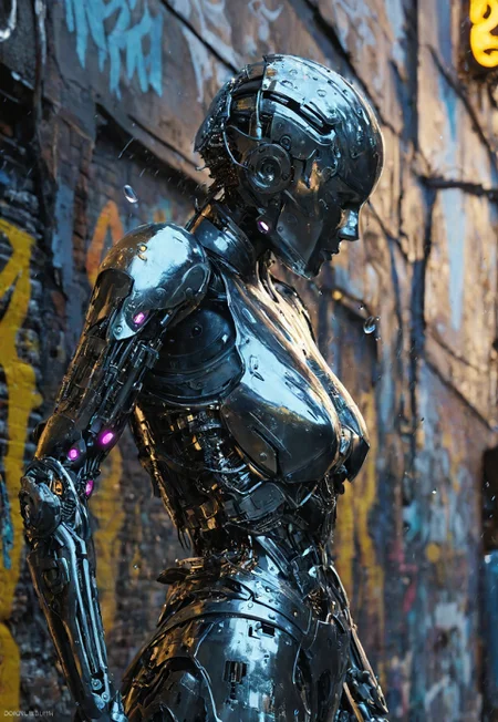 (Soft Lighting Photography by Mimoza Veliu and Mario Giacomelli:1.2), SFW, (masterpiece:1.2), (Photo of a cinematic shot of a weathered female cyborg, their back pressed against a graffiti-covered wall in a neon-soaked alleyway, Raindrops trickle down their metallic face reflecting the kaleidoscope of colors from flickering signs, Harsh shadows and bursts of light highlighting the intricate circuitry and worn details, metal and grime:1.1), (art by Don Bluth:1.4), (hyperdetailed:1.1), (intricate details:1.0), (Refined details:1.1), (best quality:1.1), (high resolution:1.2), <lora:TWbabeXL01:0.4>
 (8k uhd:1,4)
 <lora:add-detail-xl:1>
 <lora:Dynamic Poses:1>