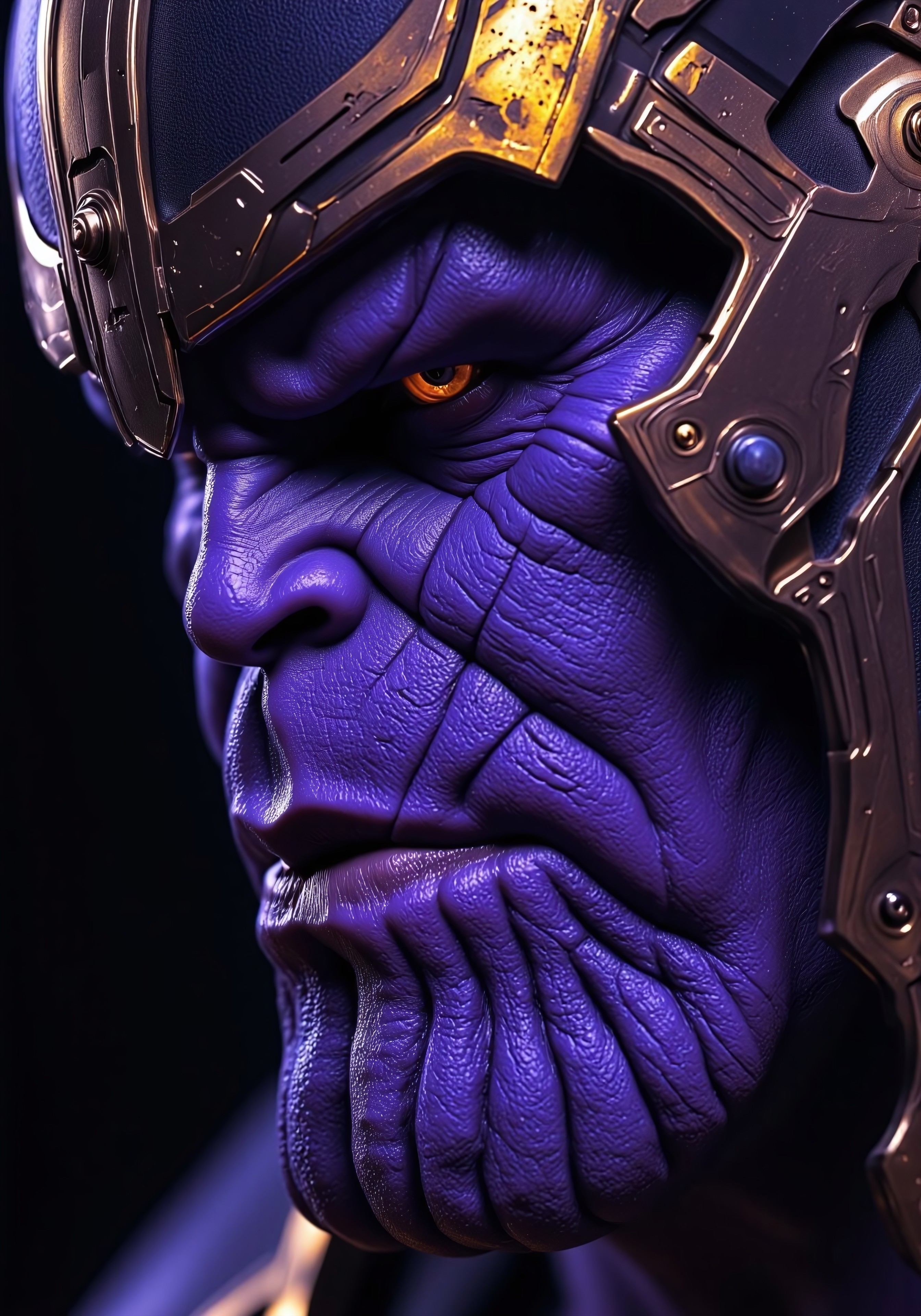 Close-up portrait of Thanos, likely a character from a fictional universe.  Deep, saturated shades of blue and violet dominate the image, with hints of gold and orange highlighting certain areas.  The skin texture appears deeply wrinkled and textured, conveying great age and possibly an alien or otherworldly quality.  Intense, focused gaze, with an expression of profound contemplation and possibly a hint of malice.  The subject's facial features are exaggerated, with prominent, deep-set eyes and a firm mouth.  The character appears to be wearing an elaborate, metallic, armor-like helmet or headpiece.  Dramatic lighting, likely coming from a focused directional source, casts strong shadows and highlights, emphasizing the details of the wrinkles and textures on the face.  Highly stylized and detailed; detailed lighting and shading, close-up composition, and vibrant hues, creating an artistic and striking image;  unspecified style, possibly futuristic or science fiction.
