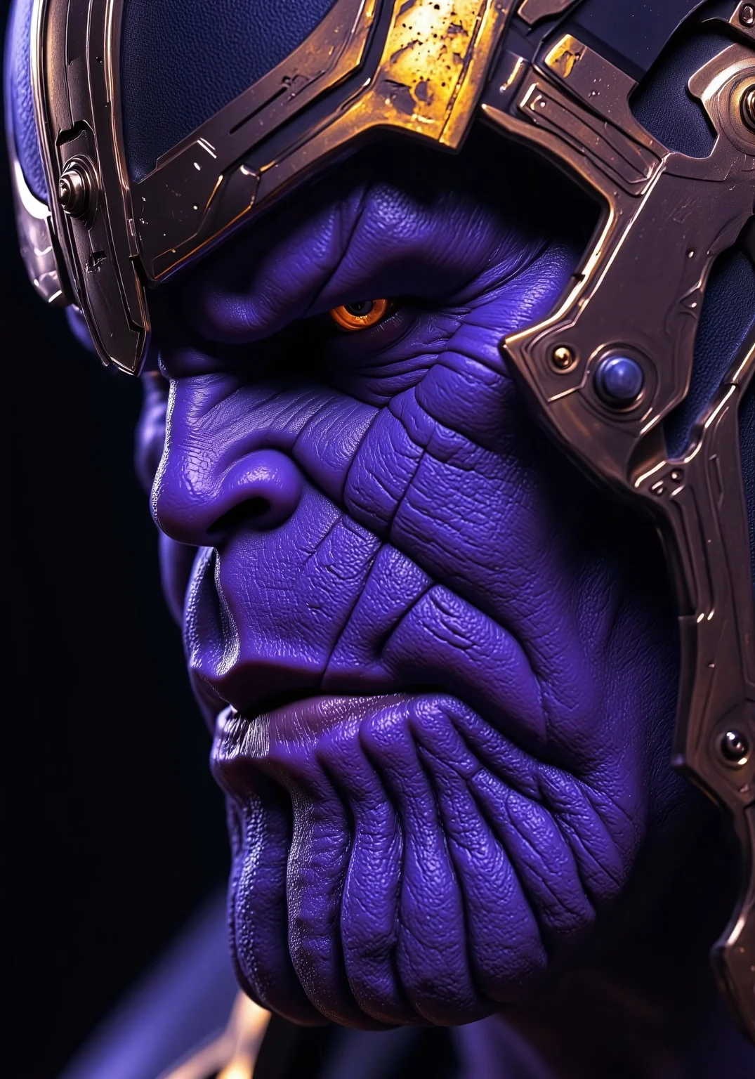 Close-up portrait of Thanos, likely a character from a fictional universe. Deep, saturated shades of blue and violet dominate the image, with hints of gold and orange highlighting certain areas. The skin texture appears deeply wrinkled and textured, conveying great age and possibly an alien or otherworldly quality. Intense, focused gaze, with an expression of profound contemplation and possibly a hint of malice. The subject's facial features are exaggerated, with prominent, deep-set eyes and a firm mouth. The character appears to be wearing an elaborate, metallic, armor-like helmet or headpiece. Dramatic lighting, likely coming from a focused directional source, casts strong shadows and highlights, emphasizing the details of the wrinkles and textures on the face. Highly stylized and detailed; detailed lighting and shading, close-up composition, and vibrant hues, creating an artistic and striking image; unspecified style, possibly futuristic or science fiction.