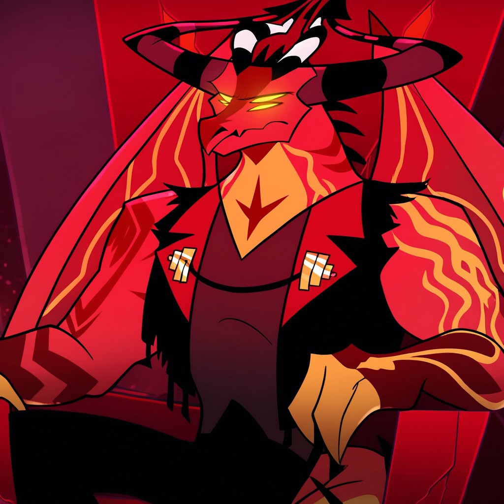 score_9_up, score_8_up, score_7_up, high quality, detailed, source_cartoon, male, solo male, 1boy, mature male, four eyes, yellow eyes, yellow sclera, horns, anthro, dragon, demon, helluva boss, cartoon style, red skin, yellow underbelly, buff, muscular male, bara, athletic build, yellow claws, dark red markings on body, demon dragon, black vest, gray v-neck sleeveless shirt, black pants, throne, sitting on throne, half-body, bust shot, detailed background, looking at viewer