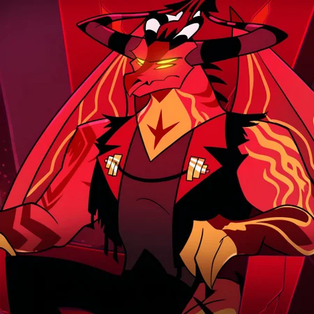 score_9_up, score_8_up, score_7_up, high quality, detailed, source_cartoon, male, solo male, 1boy, mature male, four eyes, yellow eyes, yellow sclera, horns, anthro, dragon, demon, helluva boss, cartoon style, red skin, yellow underbelly, buff, muscular male, bara, athletic build, yellow claws, dark red markings on body, demon dragon, black vest, gray v-neck sleeveless shirt, black pants, throne, sitting on throne, half-body, bust shot, detailed background, looking at viewer