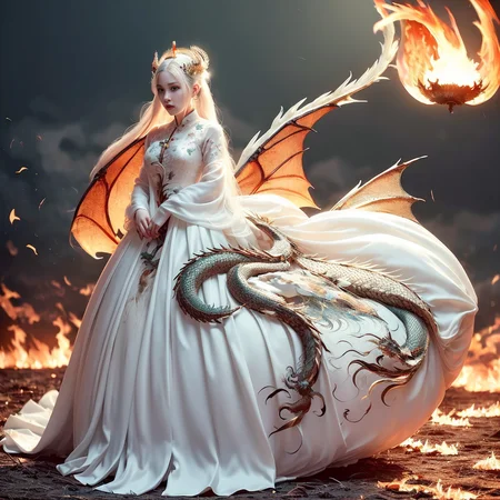 (masterpiece), (best quality), (super delicate), (illustration), (extremely delicate and beautiful), (dynamic angle), white and black highlights, (legendary Dragon queen:1.3),(complex details) ,golden eyes, green pupils, delicate face,messy floating hair, messy hair, focus, perfect hands, (fantasy wind),handsome shape,((((The flames burning behind the young woman)))), (the battlefield behind the young woman:1.2), (((Bloody))),long hair:1.2,hair stick:1.2,bun:1.2, full body:1.2,dragon horn:1.2,(((flowing))),nhjy, a white dress with a peacock on it<lora:nhjy-10:0.5>