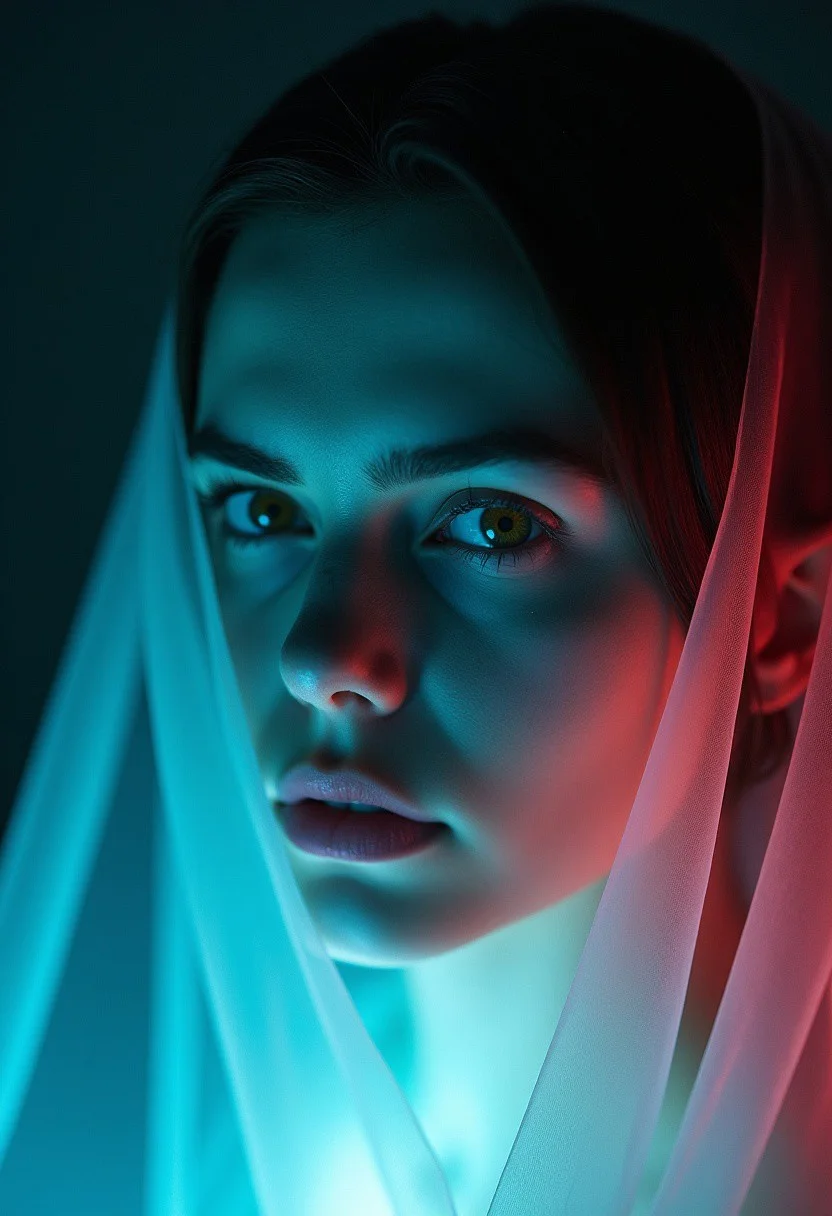 Bioluminescent, A portrait of a woman with alabaster skin and dark hair, her visage veiled by a diaphanous shroud of polyethylene. The plastic, translucent and ethereal, clings to her features, its folds and creases catching the light in a spectral dance of luminescence. The lighting, a chiaroscuro of teal and crimson, bathes the subject in an otherworldly glow. Emphasize the interplay of light and texture, the delicate balance between fragility and suffocation. The camera angle is a close-up, drawing the viewer into the woman's enigmatic gaze. Background: a void of tenebrous hues, amplifying the sense of isolation and introspection.